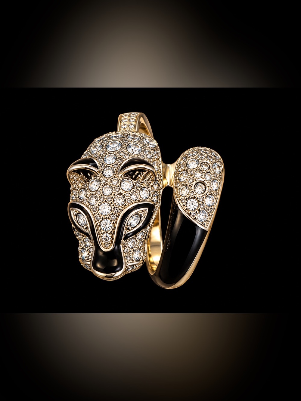 Gold-Tone Crystal Panther Ring with Black Enamel Accent